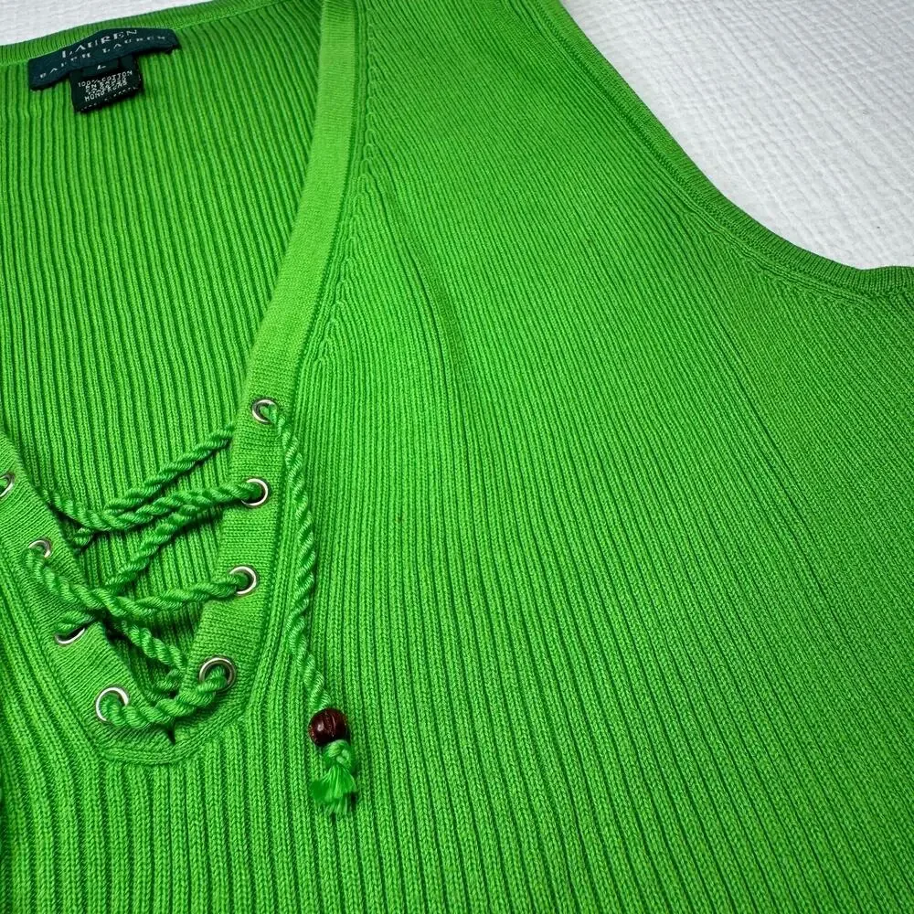 Lauren Ralph Lauren Sleeveless Top V-Neck Lime Green Women's Large Whimsy Y2K - Picture 7 of 16
